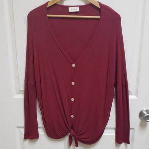 Aura Large V Neck Button Tie Front Long Sleeve Knit Top Maroon Crimson